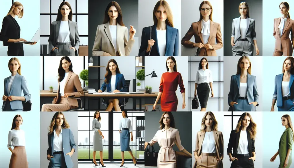 Collection of modern office outfits for women in a professional setting.