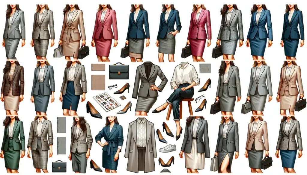 Collage of women in various office outfits including blazers, dresses, and casual wear, representing modern work fashion.