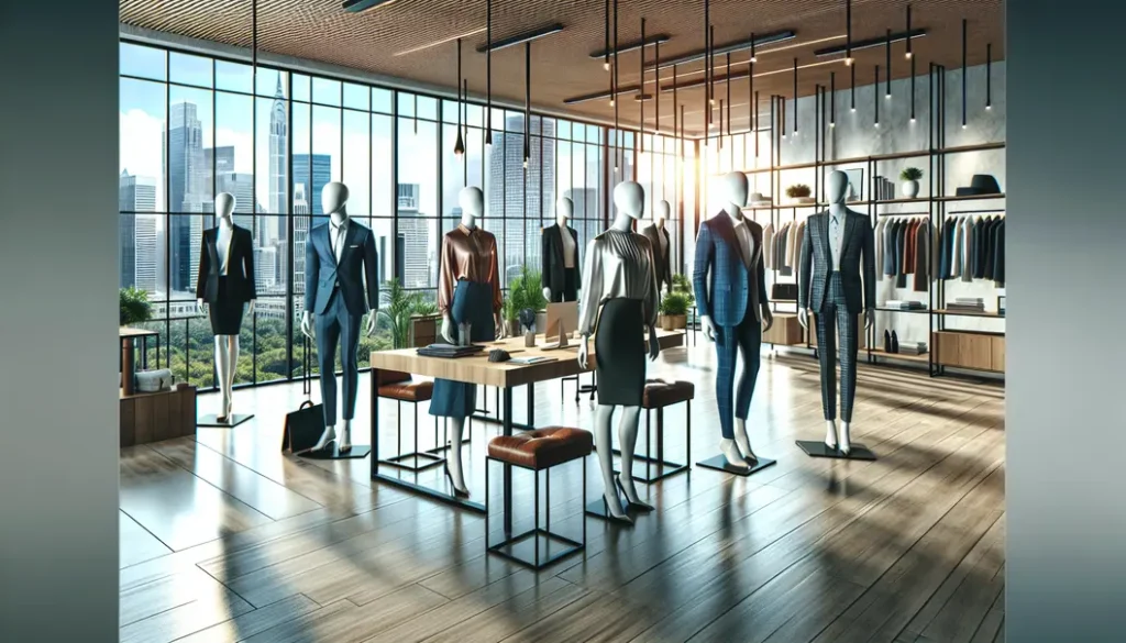 Stylish mannequins displaying office attire in a contemporary workspace.
