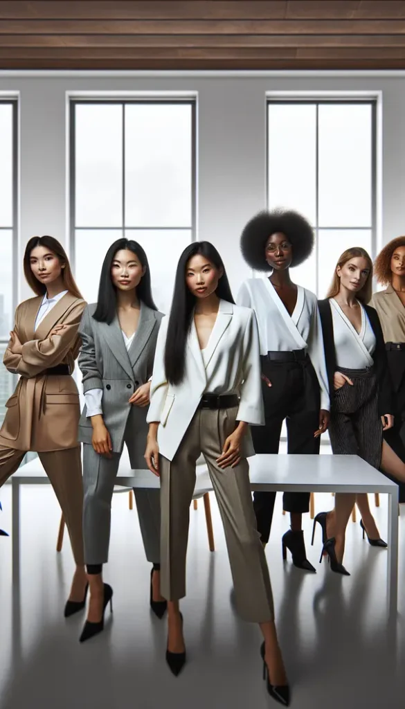 Diverse women in different office attire in a minimalistic office setting.