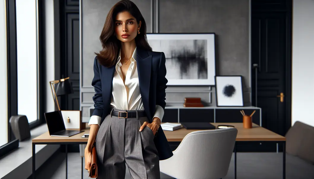 A woman embodying a polished professional look with a tailored blazer and crisp blouse.