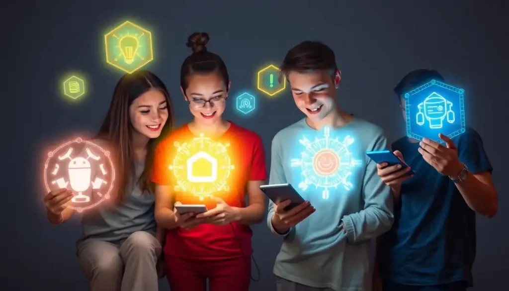 Enthusiastic teenagers using gadgets with AI holograms.