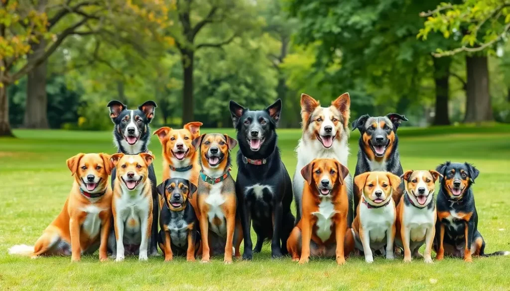 An assortment of American dog breeds in a park, each displaying their unique personalities.