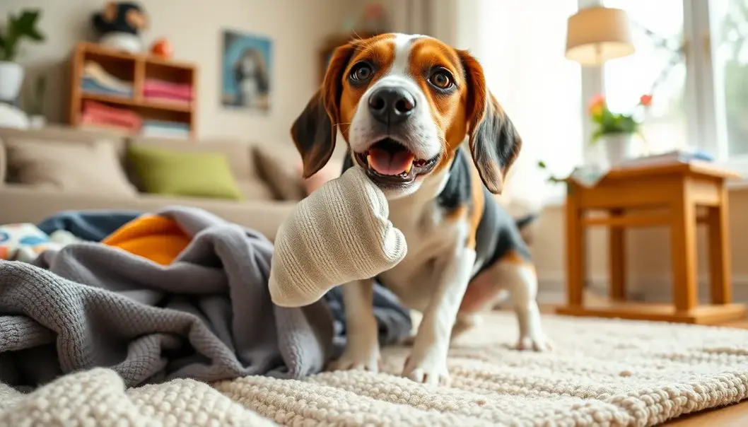 A Beagle caught red-handed in a sock heist.