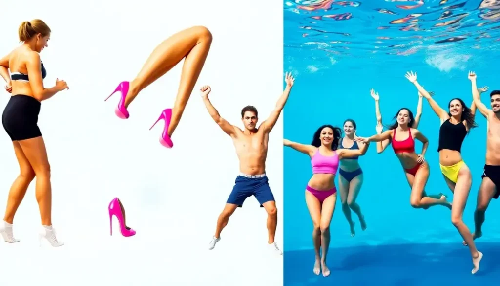 Collage showing various strange fitness activities, like stiletto squats, underwater spinning.