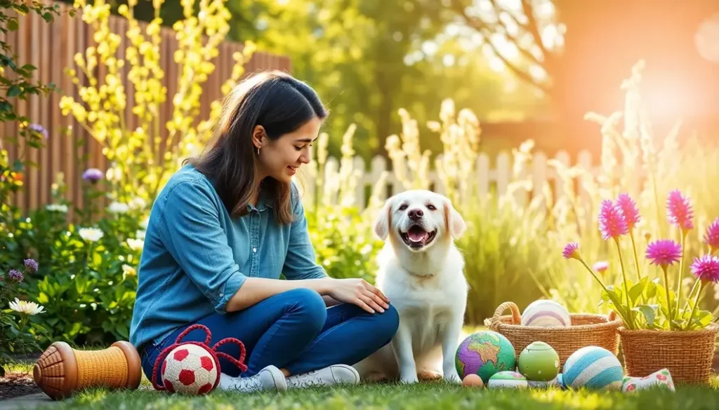 A pet owner and pet in a garden, surrounded by eco-friendly toys and accessories, embodying conscious consumerism.