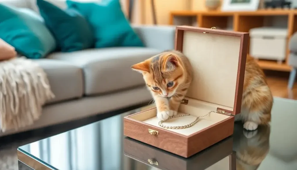 A cat playing with a necklace in a jewelry box on a table.