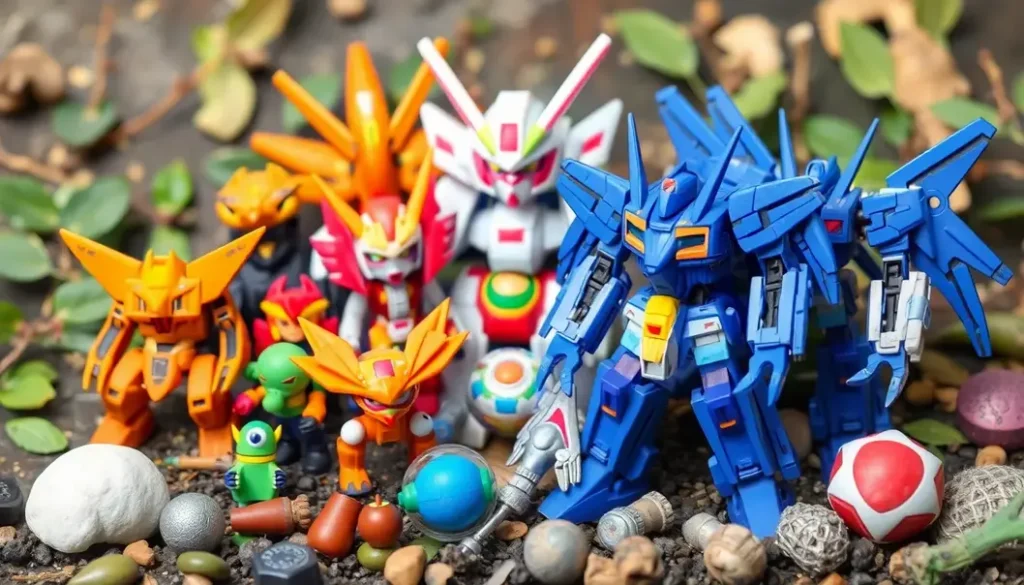 Collage of anime-themed crafts made from recyclables with nature elements.