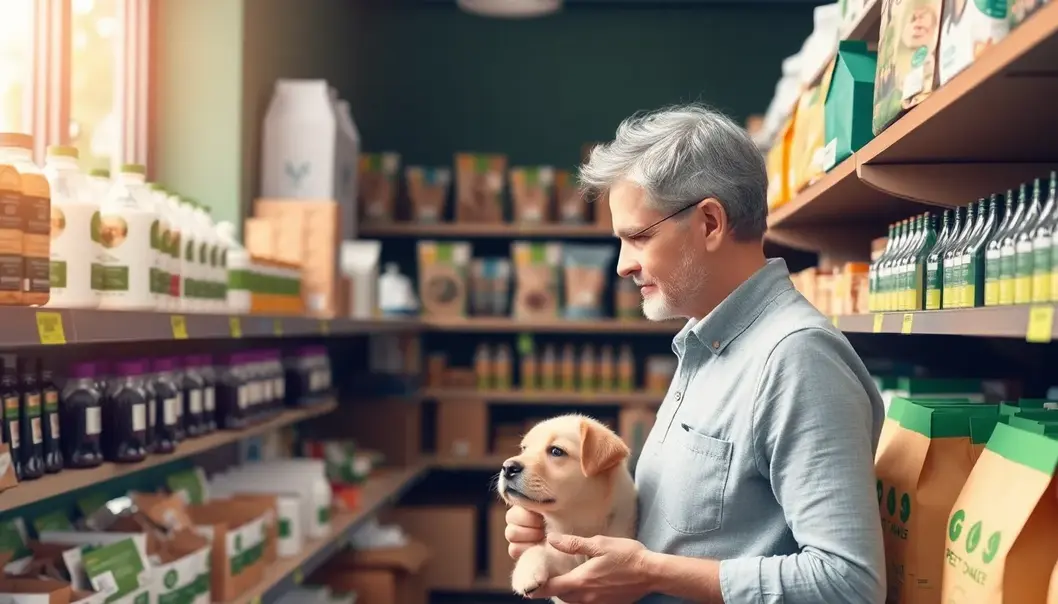 Pet owner choosing eco-friendly pet products in a sustainable store.