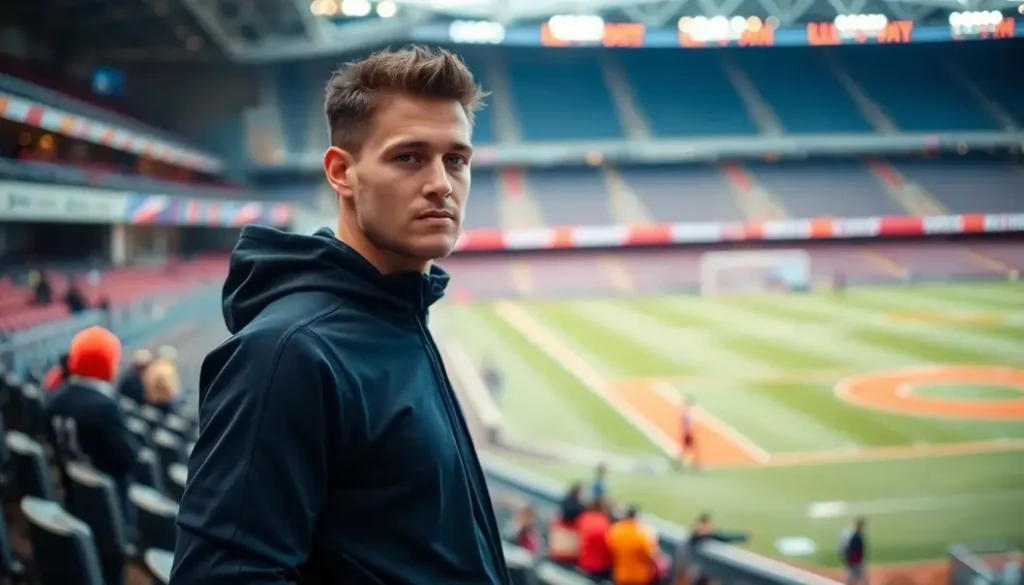 A sports fan in ethically-produced sportswear in a stadium setting.