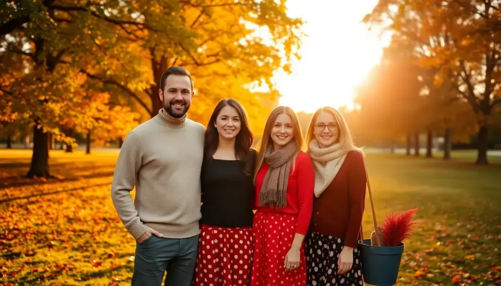 Family posing in coordinated outfits during sunset in a park.