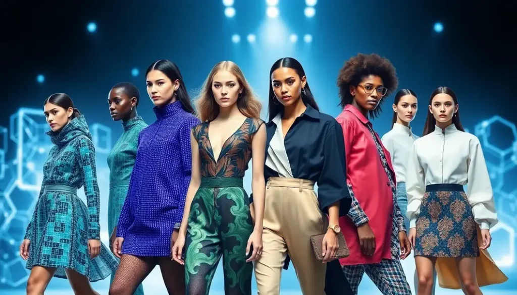 Futuristic fashion elements including digital patterns and eco materials symbolizing 2025 global fashion trends.