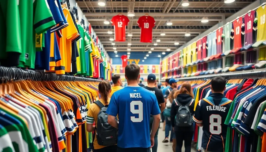 A bustling sports store showcasing a variety of fast fashion apparel.