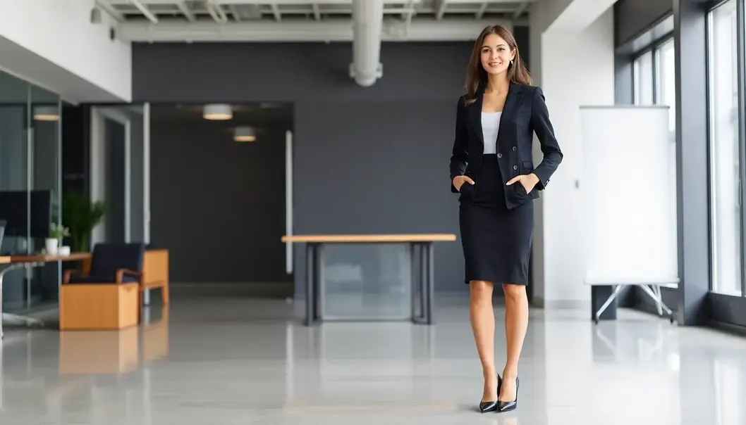 A professional outfit featuring a high-waisted pencil skirt enhances proportions.
