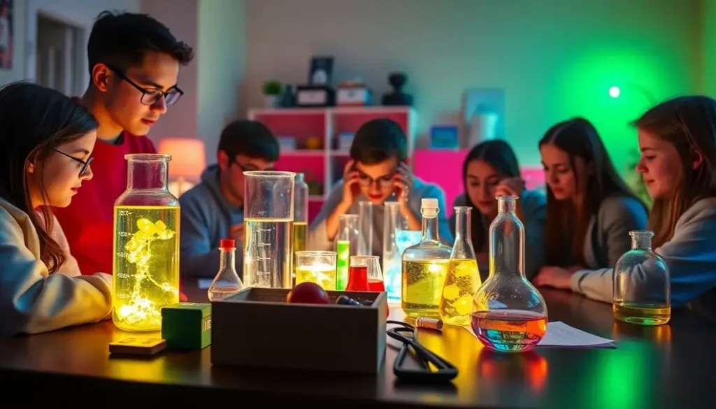 Teenagers conducting fun science experiments with household items.
