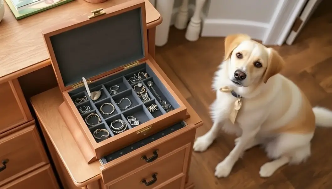 Cleaning jewelry safely with a curious kitten nearby.