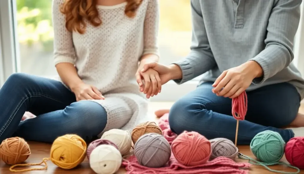 A couple sitting together with knitting projects, representing love and unity.