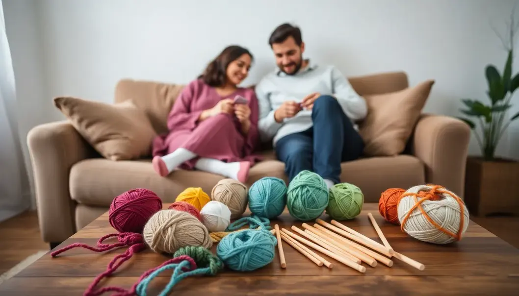 A couple discovering knitting tools, embracing their new shared hobby.