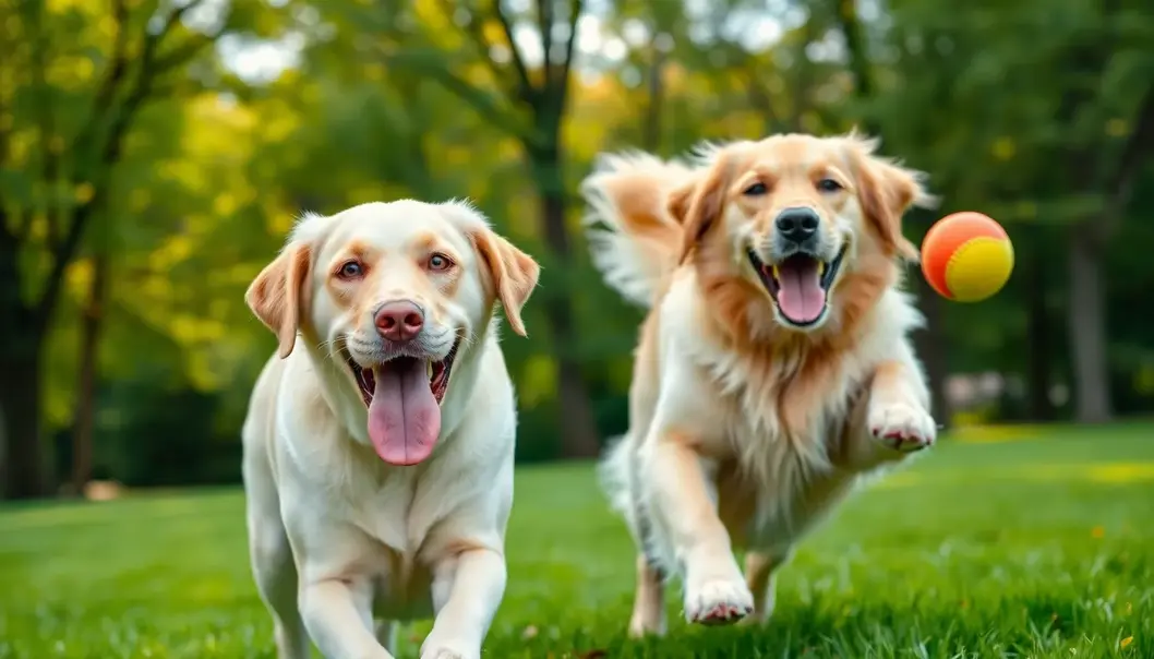 A Labrador and Golden Retriever enjoying a fun game of fetch in the park.