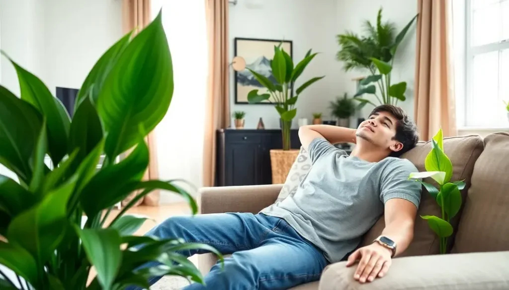 Young adult relaxing in a living room with air-purifying plants like snake plant and peace lily.