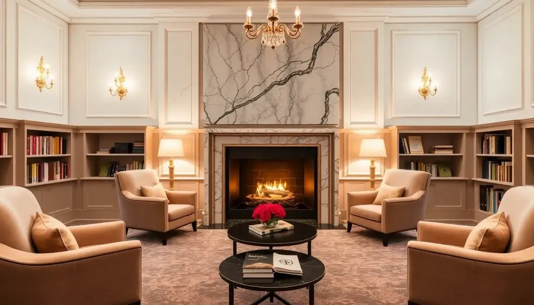 A sophisticated luxury reading room perfectly set for a book club meeting.