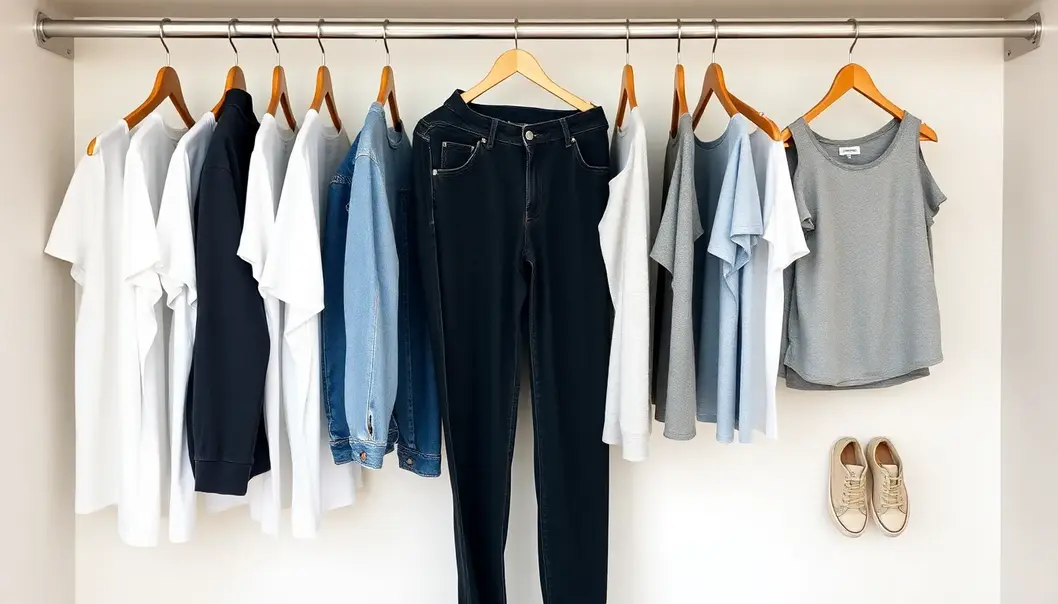 Core pieces like t-shirts and jeans form the foundation of a minimalist wardrobe.