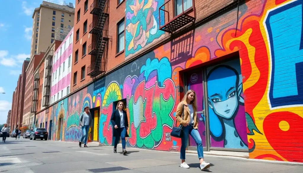 Colorful murals in New York with fashion enthusiasts adorned in art-inspired outfits.