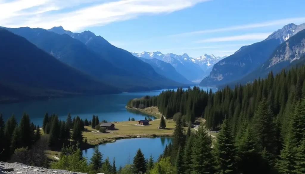 A tranquil off-grid community by a lake, surrounded by natural beauty, representing serenity and self-sufficient living.