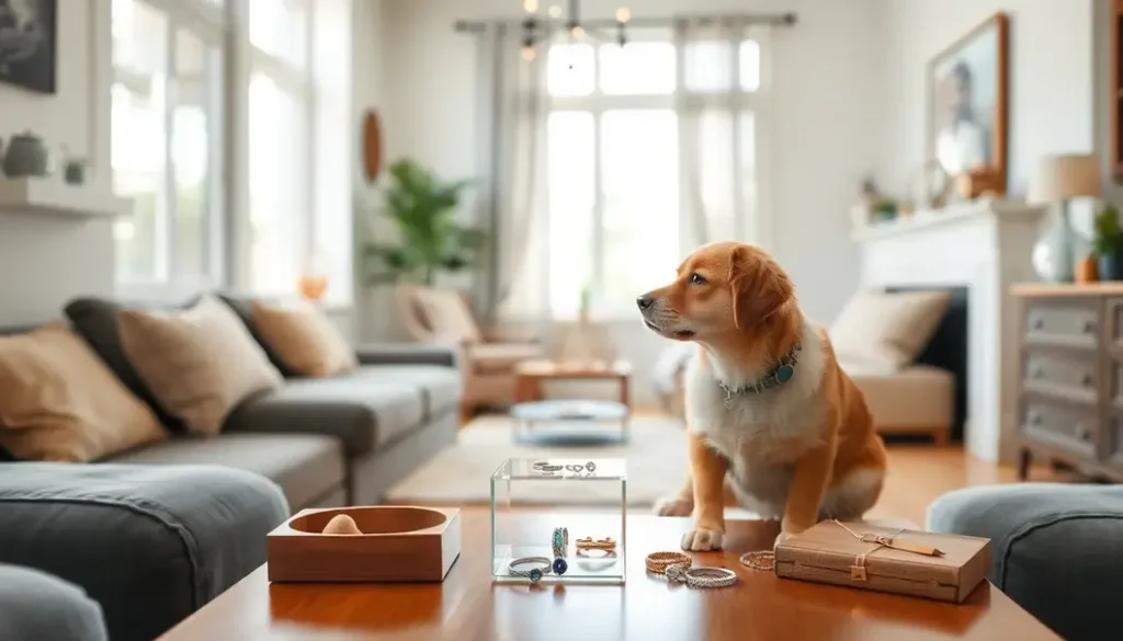A well-organized pet-friendly home with secure jewelry storage.