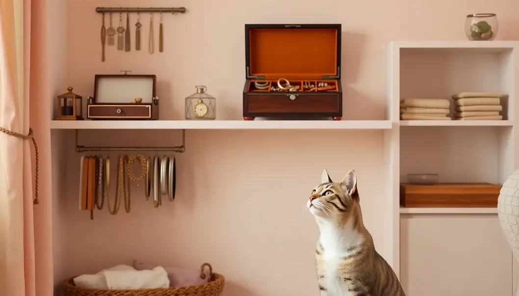 A serene jewelry storage corner safely out of a curious cat’s reach.