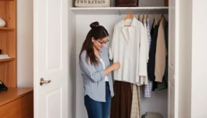 A student organizing a minimalist wardrobe in a dorm room closet.