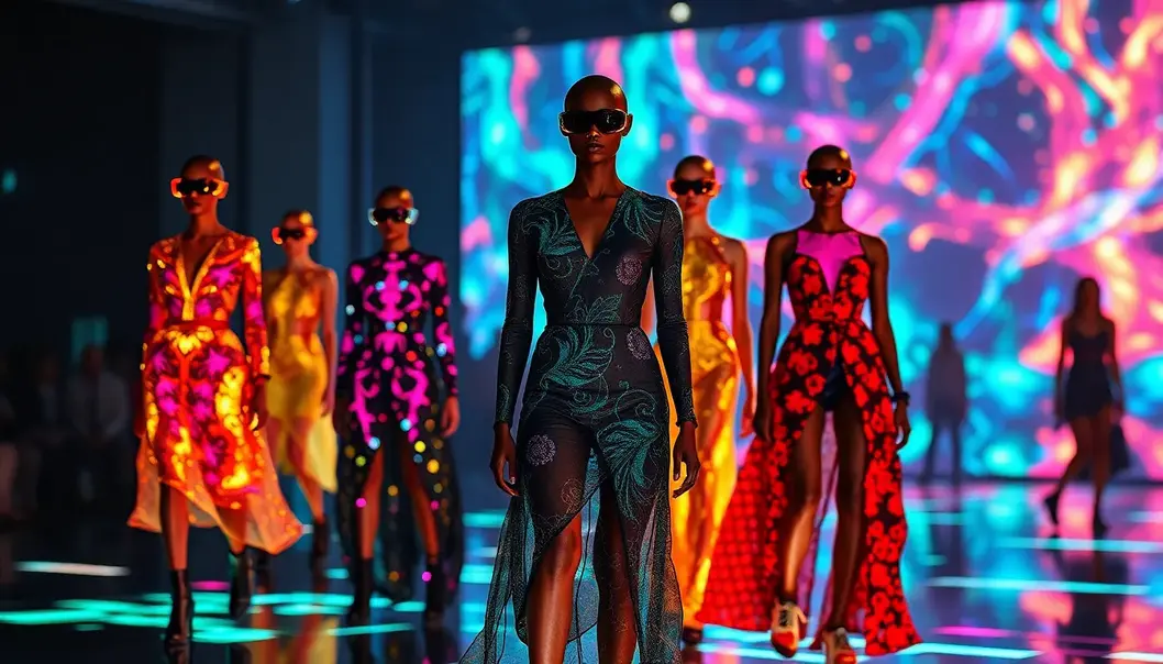 Smart fabrics and 3D printed designs illuminated by augmented reality effects on a futuristic fashion runway.