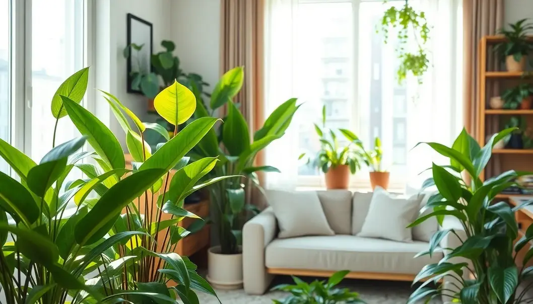 Air-purifying plants in a modern urban apartment setting.